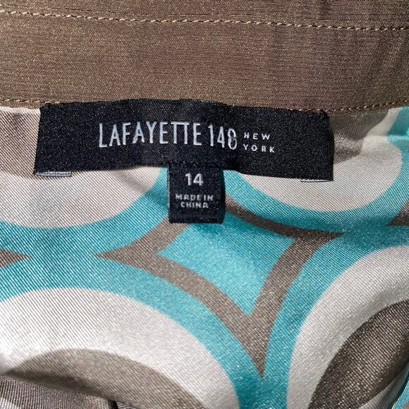 Lafayette 148 Brown Blue Geometric 100% Silk Collared Long Sleeve Blouse Size 14 - Picture 4 of 6